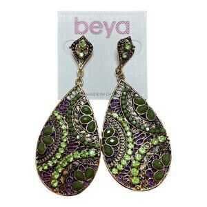 Beya Green Rhinestones Gold Hanging Earrings 3" Drop Women's Jewelry